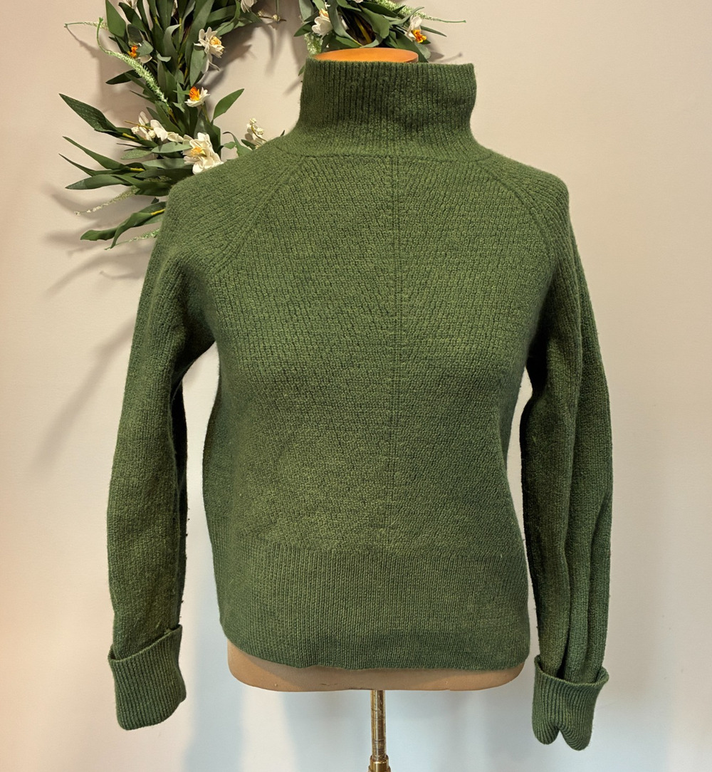 Rachel Zoe 100% Merino Wool Mock Neck Sweater Womens Green Ribbed Knit, Size M